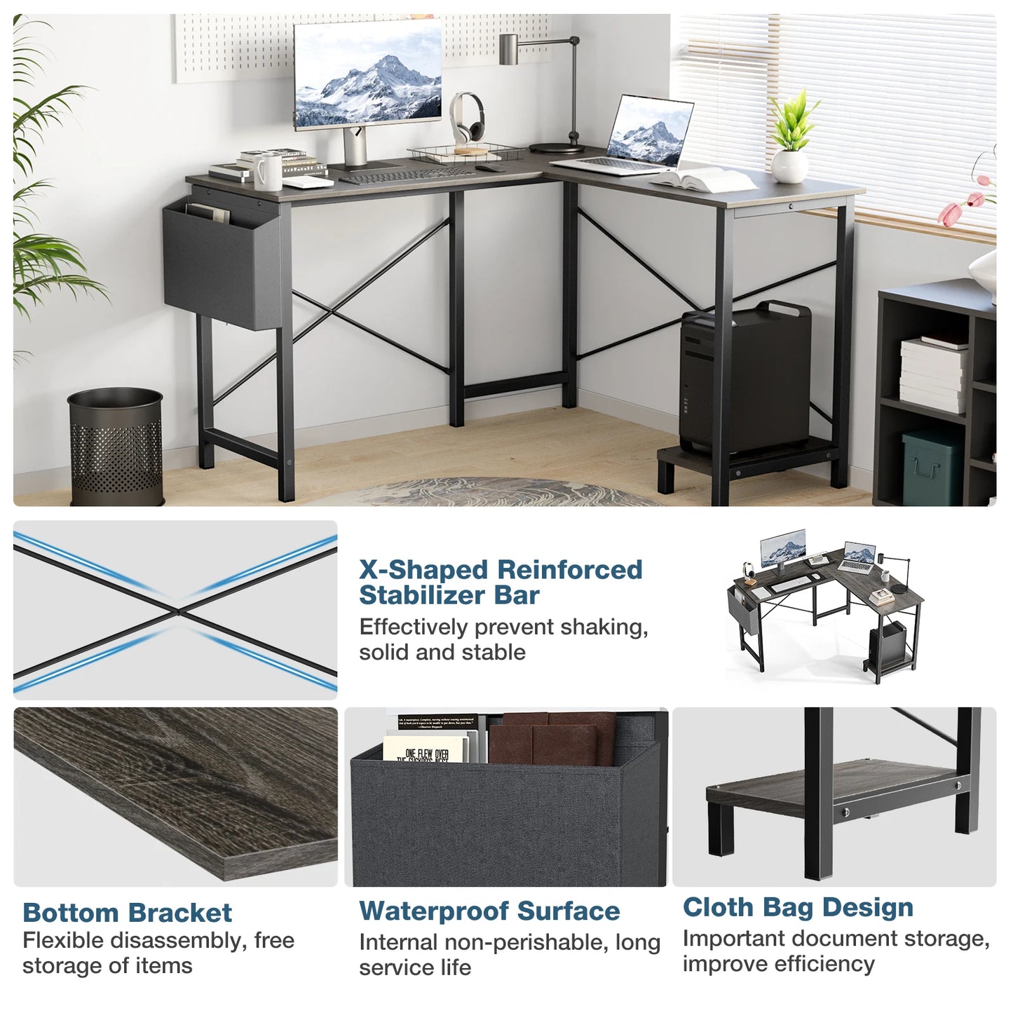 Gaming Corner 50 Inch Office Writing PC Wooden Table with CPU Storage Shelf & Side Bag