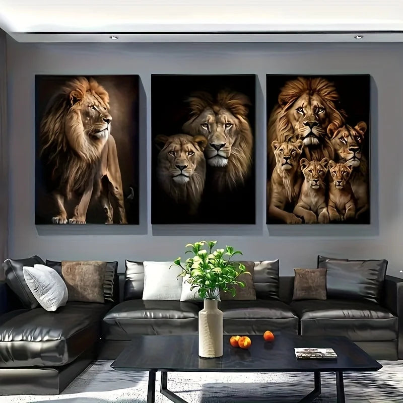 3pcs Art Deco Modern Lion Family Art Print, Large Canvas, Ink on Canvas