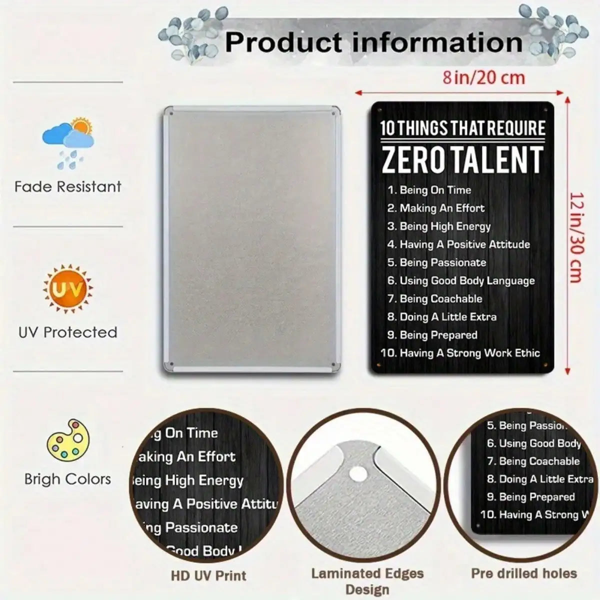 1PC Tin Sign Zero Talent List - Motivational Quote Wall Art, 8x12 Inches/20x30 Cm