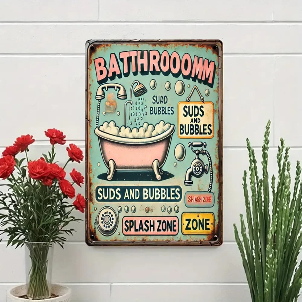 1pc Vintage 8x12" Metal Tin Sign - "Bathroom Suds and Bubbles"