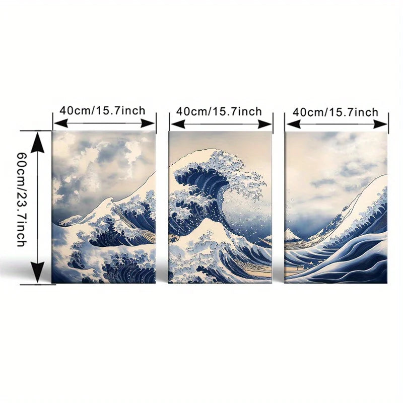 3pcs Great Wave Inspired Ocean Canvas Wall Art  Painting