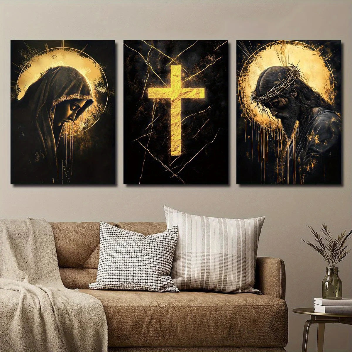 3pcs Religious Canvas Art Set - Golden Cross, Virgin Mary & Jesus, Solemn & Mystical Christian Wall Decor with Wooden Frame, 2D