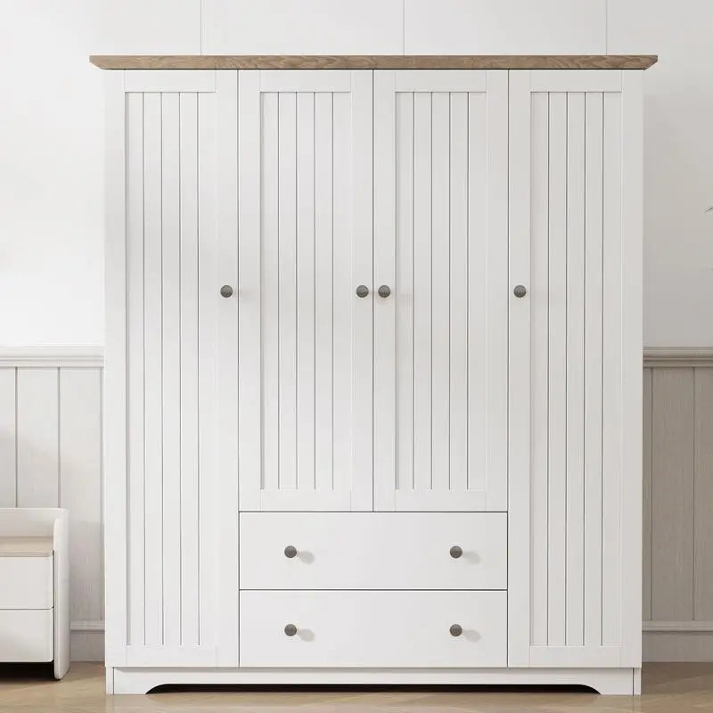 4-Door Wardrobe Armoire Closet with 2 Drawers in White Finish