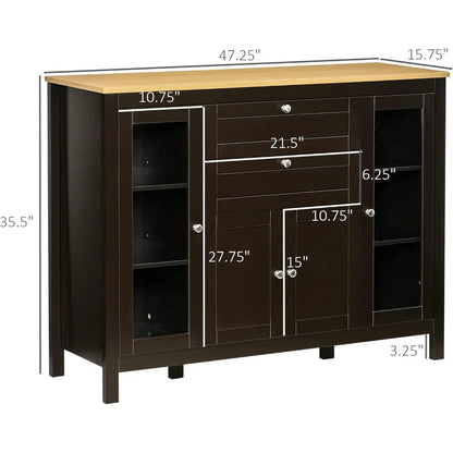 47" Sideboard Buffet With Rubber Wood Top, Glass Door,  Drawers, Adjustable