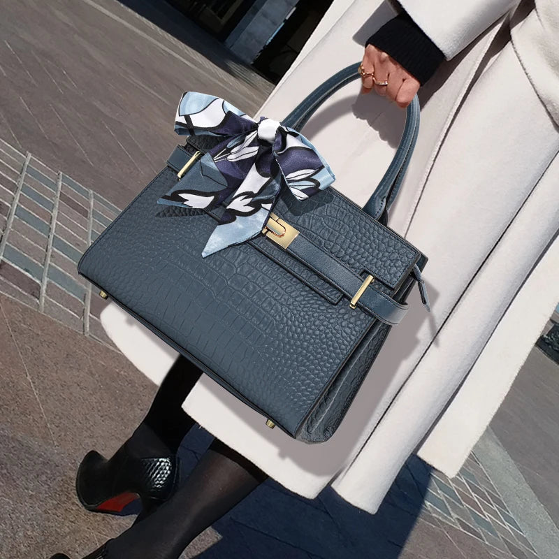 Luxury Crocodile Pattern Genuine Leather Women's Bag Large