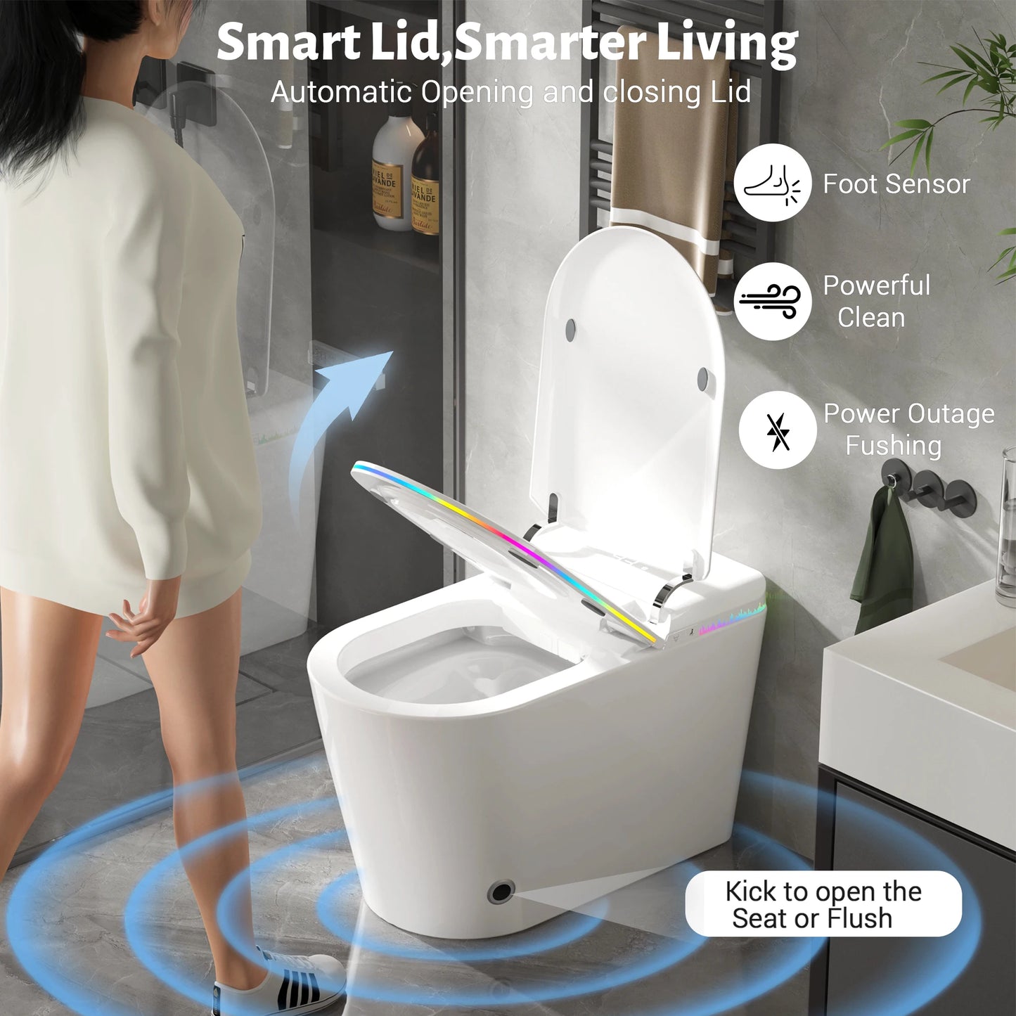 SmartToilet Heated Seat, Adjustable Water, Self - Cleaning Nozzle, Auto Lid, Warm Air Dryer, LED Display