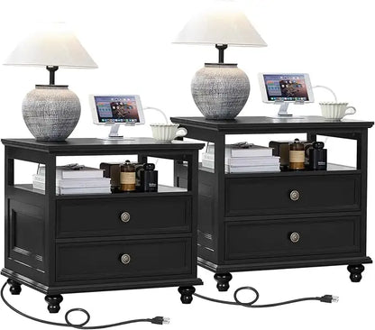 Nightstand Set of 2 with Charging Station, 24" Wide End Table with 2 Drawers