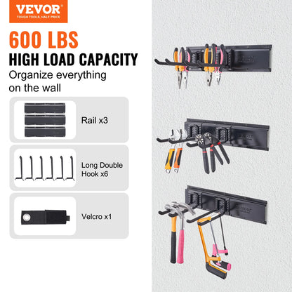 Wall Mount Heavy Duty Storage Rack W/ Adjustable Hook Rails for Shovels Trimmers Hose