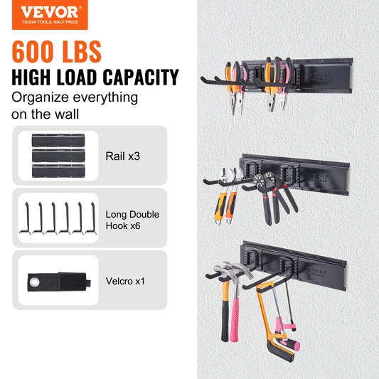 Wall Mount Heavy Duty Storage Rack W/ Adjustable Hook Rails for Shovels Trimmers Hose