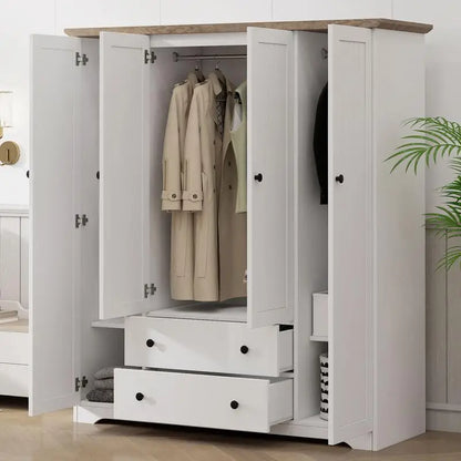 4-Door Wardrobe Armoire Closet with 2 Drawers in White Finish