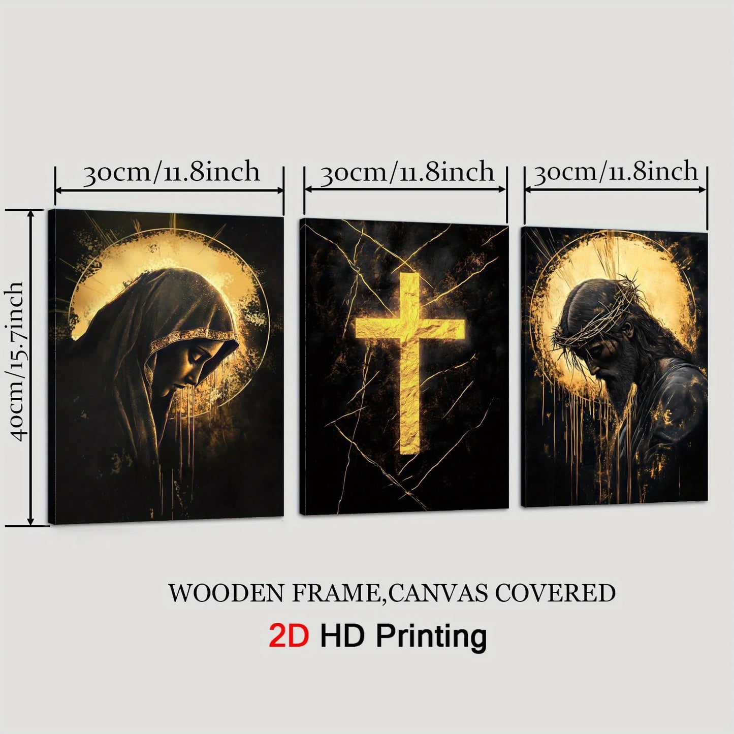 3pcs Religious Canvas Art Set - Golden Cross, Virgin Mary & Jesus, Solemn & Mystical Christian Wall Decor with Wooden Frame, 2D