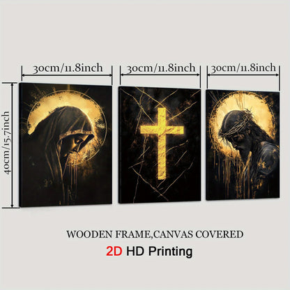 3pcs Religious Canvas Art Set - Golden Cross, Virgin Mary & Jesus, Solemn & Mystical Christian Wall Decor with Wooden Frame, 2D