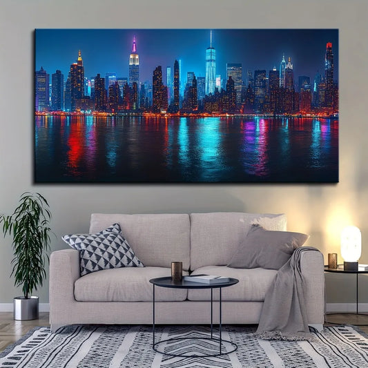 1.5 inch thick pine frame, night view, New York City skyline, wall decor