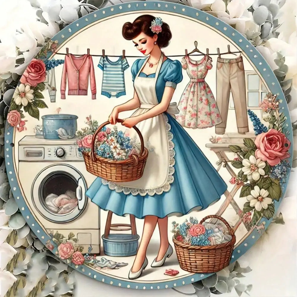 1pc 8x8" Vintage Washing Girl Metal Sign,Home/,Wall Sculpture