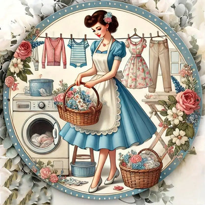 1pc 8x8" Vintage Washing Girl Metal Sign,Home/,Wall Sculpture