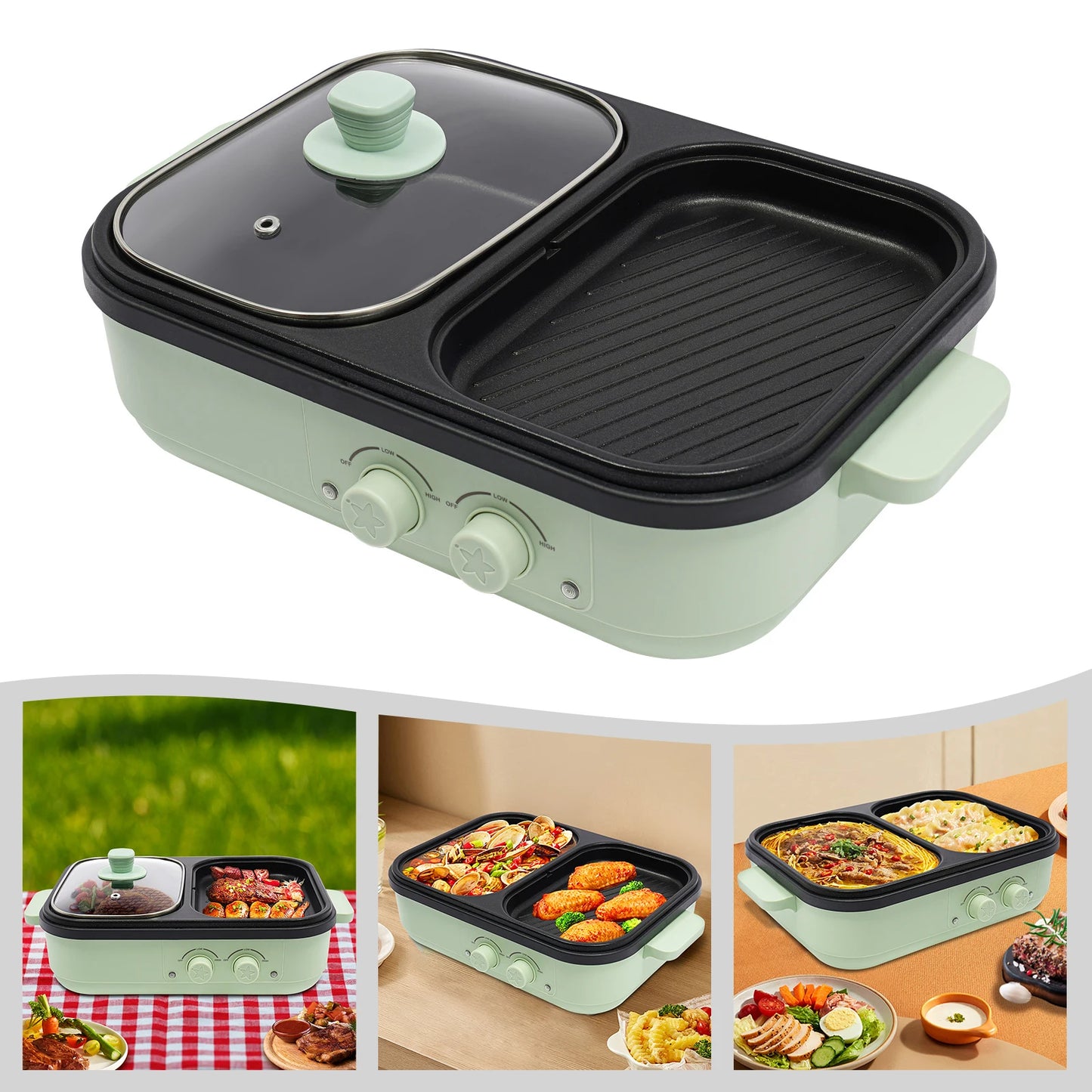2-in-1 Hot Pot and Grill: Dual Heating Zones for Simultaneous Cooking,