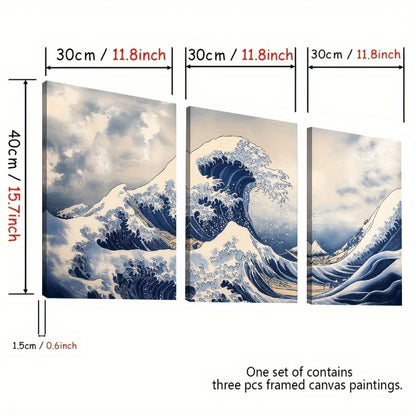 3pcs Great Wave Inspired Ocean Canvas Wall Art  Painting