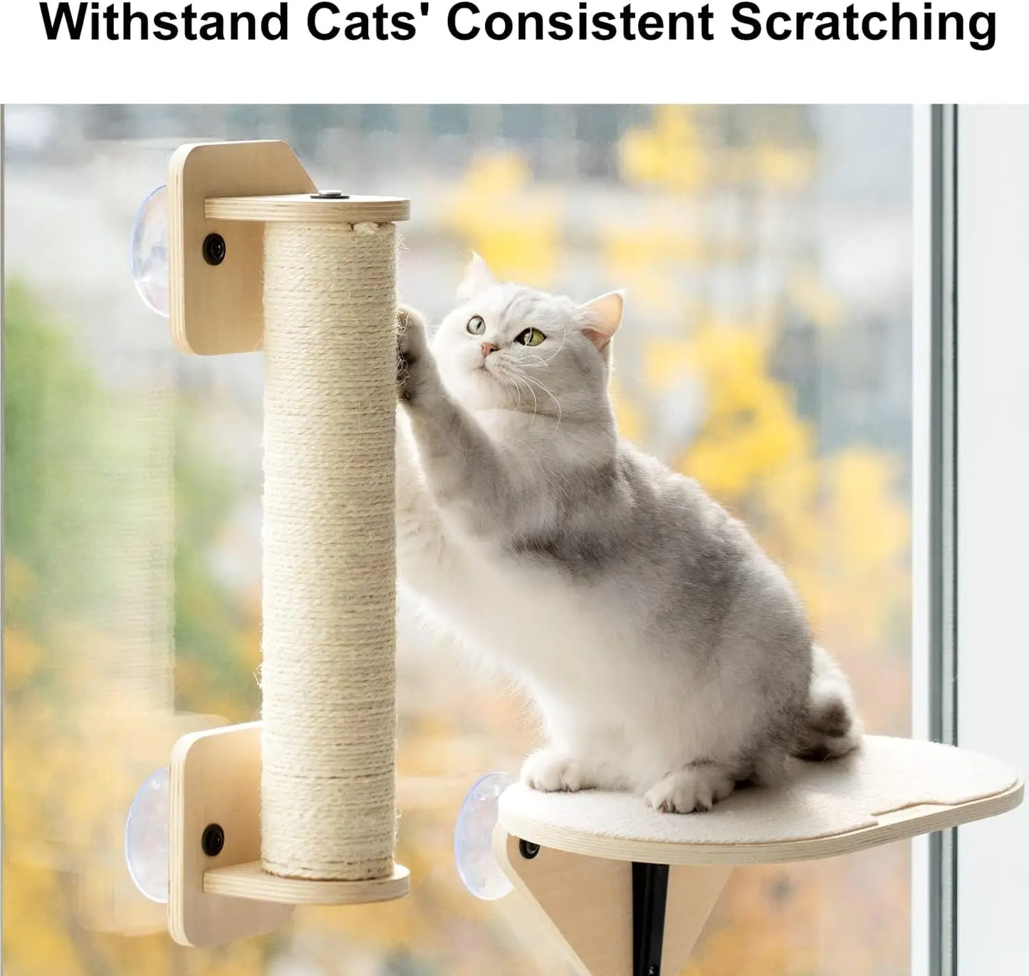 Cat Window Perch Hammock with Climbing Steps and Scratching Post Wooden Window Mounted