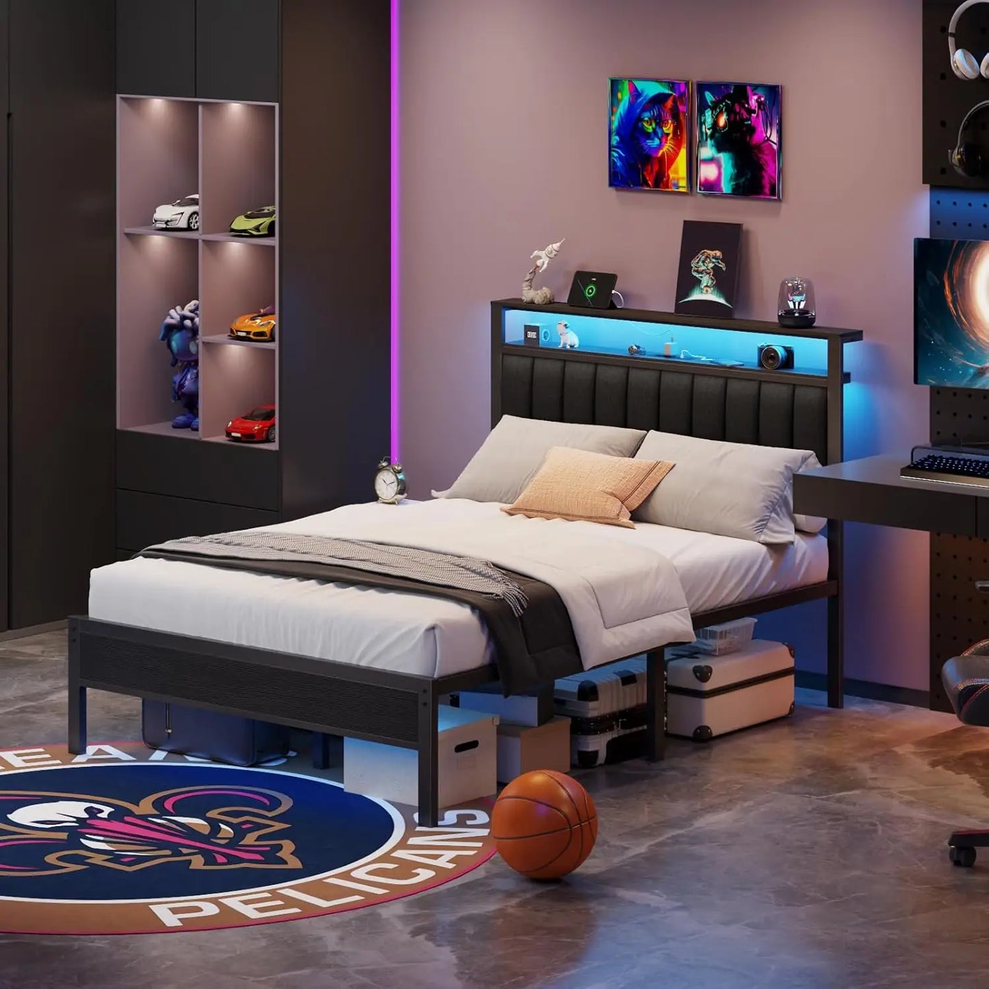 Queen Size Bed Frame with Charging Station and LED Lights, Platform