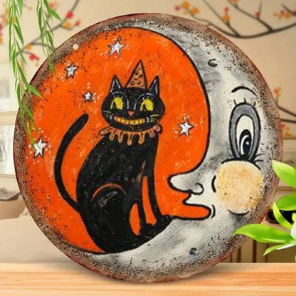 1pc 8" Round Vintage Cat&Moon Metal Sign, Gift,Wall Sculpture