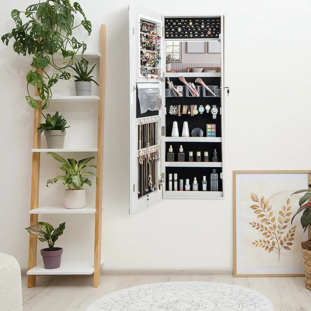 Wall-Mounted Jewelry Cabinet with Touchscreen Lighted Mirror, 47.2" Full-Length, Lockable,