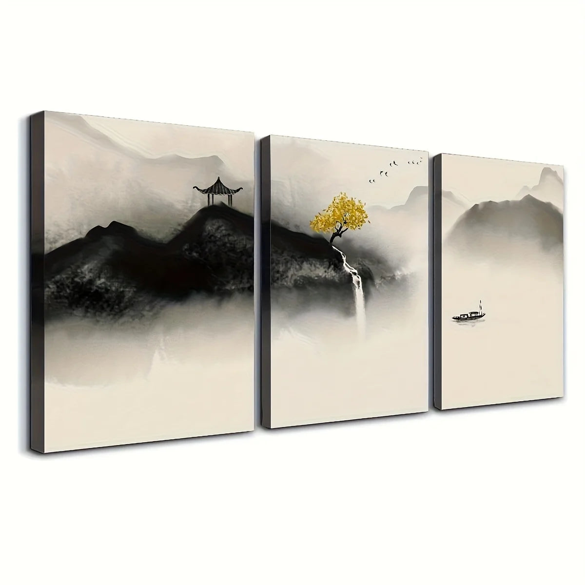 3pcs Japanese Zen-Inspired Watercolor Canvas, Black and White Minimalist Landscape with Yellow Tree,