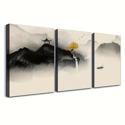 3pcs Japanese Zen-Inspired Watercolor Canvas, Black and White Minimalist Landscape with Yellow Tree,
