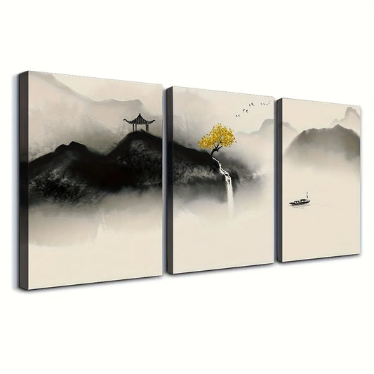 3pcs Japanese Zen-Inspired Watercolor Canvas, Black and White Minimalist Landscape with Yellow Tree,