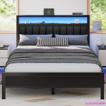 Queen Size Bed Frame with Charging Station and LED Lights, Platform