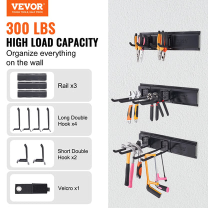 Wall Mount Heavy Duty Storage Rack W/ Adjustable Hook Rails for Shovels Trimmers Hose