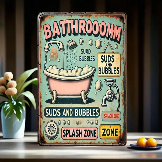 1pc Vintage 8x12" Metal Tin Sign - "Bathroom Suds and Bubbles"