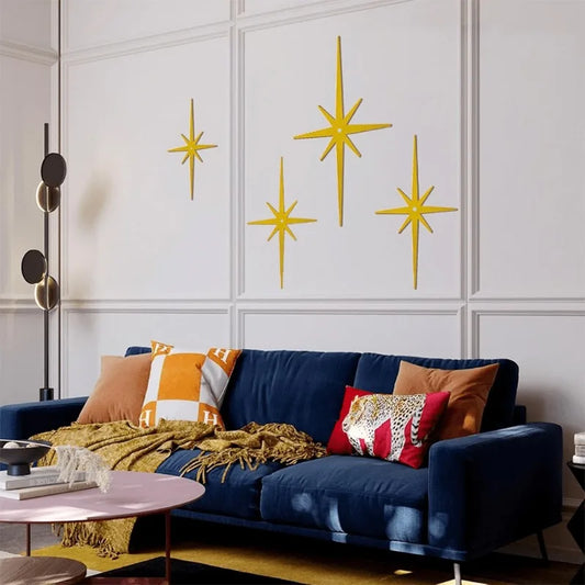 Star Wall Decor Set of 4 - Mid-Century Ironwork Octagonal Ornaments,