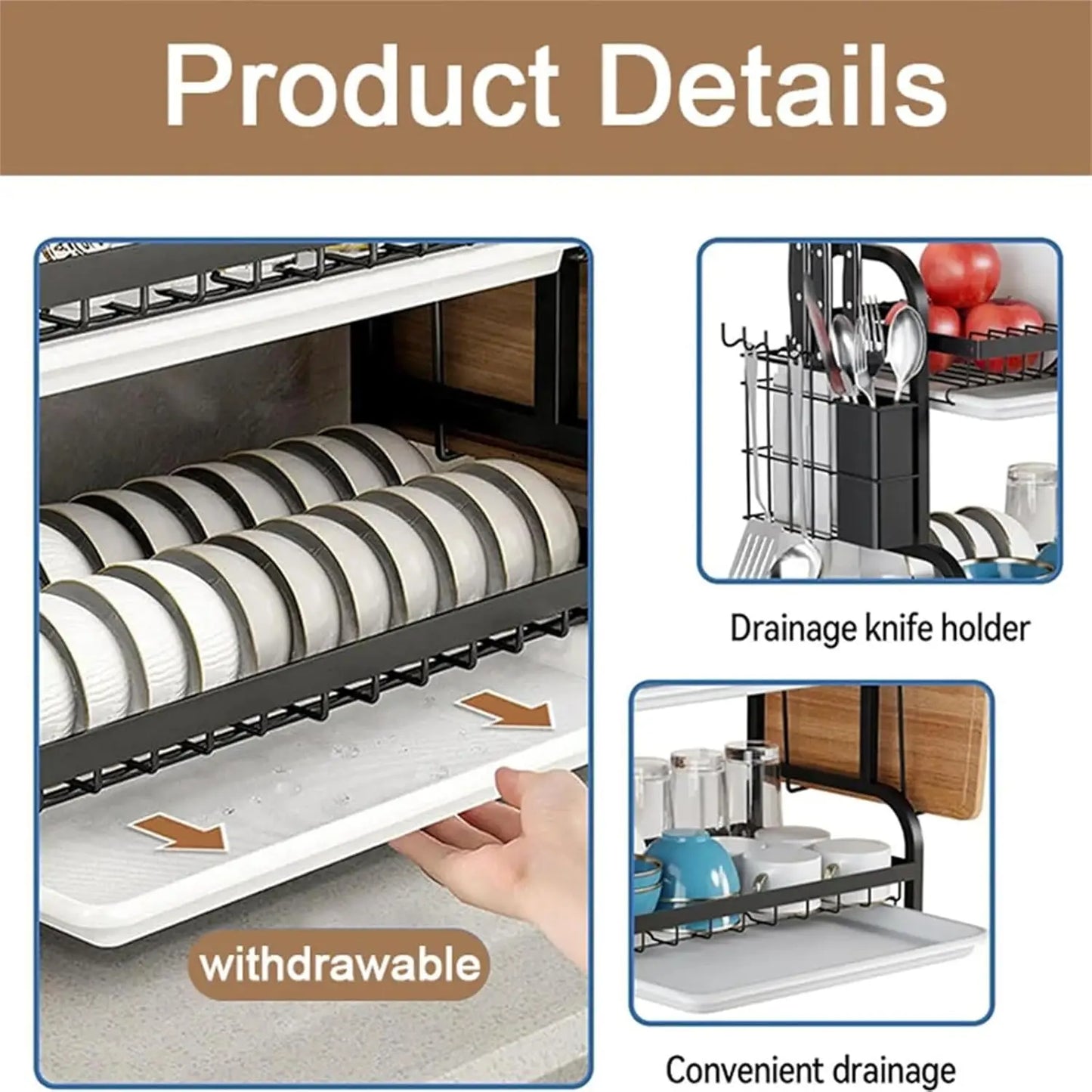 Dish Rack, Three-Tier Space-Saving Kitchen Countertop Utensil Holder