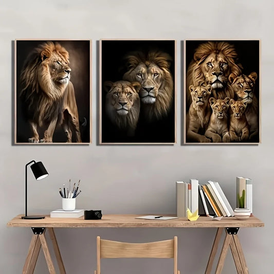 3pcs Art Deco Modern Lion Family Art Print, Large Canvas, Ink on Canvas