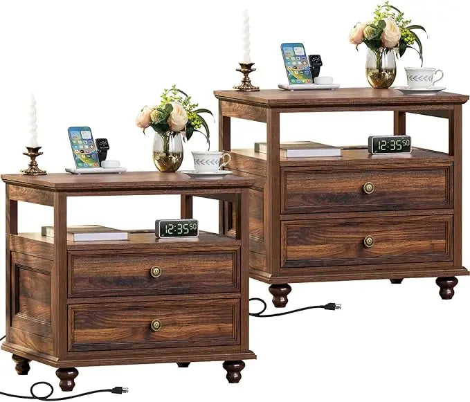 Nightstand Set of 2 with Charging Station, 24" Wide End Table with 2 Drawers