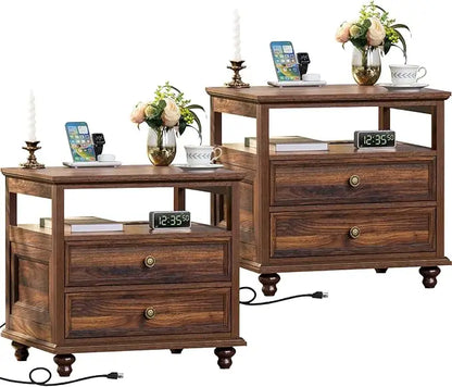 Nightstand Set of 2 with Charging Station, 24" Wide End Table with 2 Drawers