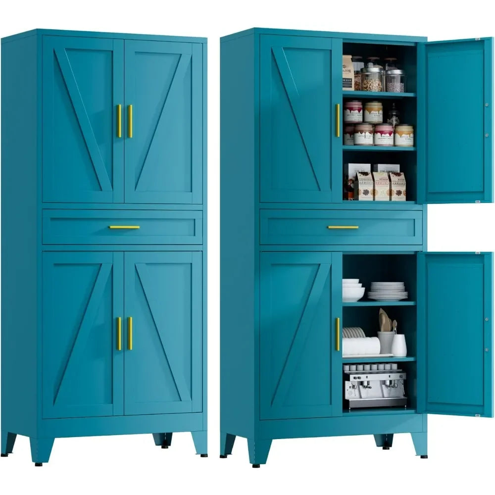 71" H Farmhouse Metal Kitchen Storage Cabinets,Blue Pantry