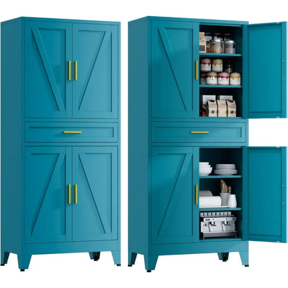 71" H Farmhouse Metal Kitchen Storage Cabinets,Blue Pantry