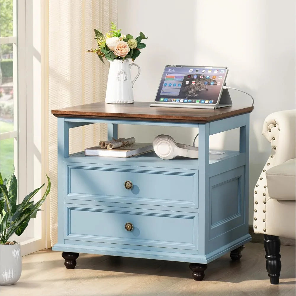 Nightstand Set of 2 with Charging Station, 24" Wide End Table with 2 Drawers
