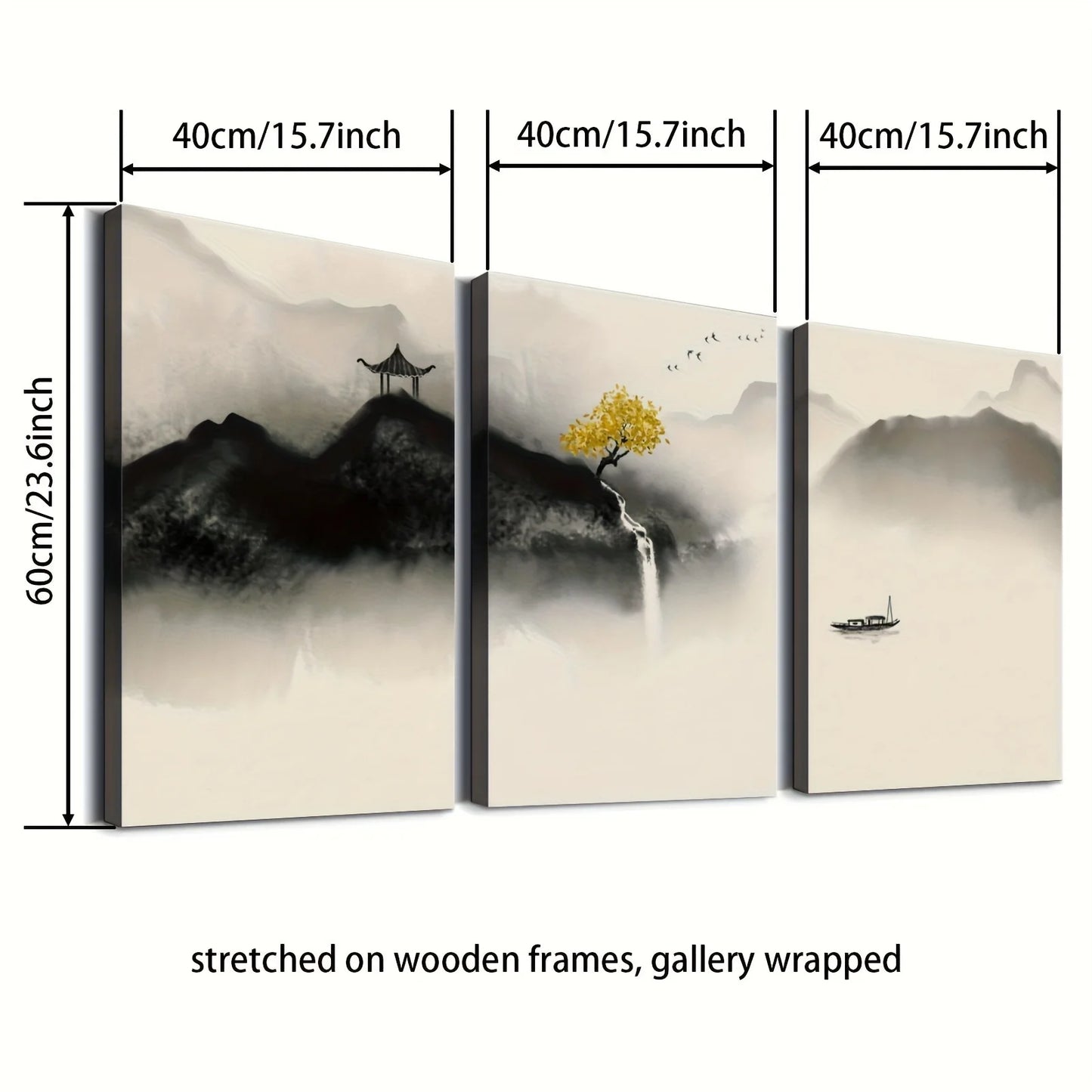 3pcs Japanese Zen-Inspired Watercolor Canvas, Black and White Minimalist Landscape with Yellow Tree,