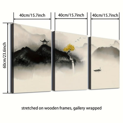 3pcs Japanese Zen-Inspired Watercolor Canvas, Black and White Minimalist Landscape with Yellow Tree,