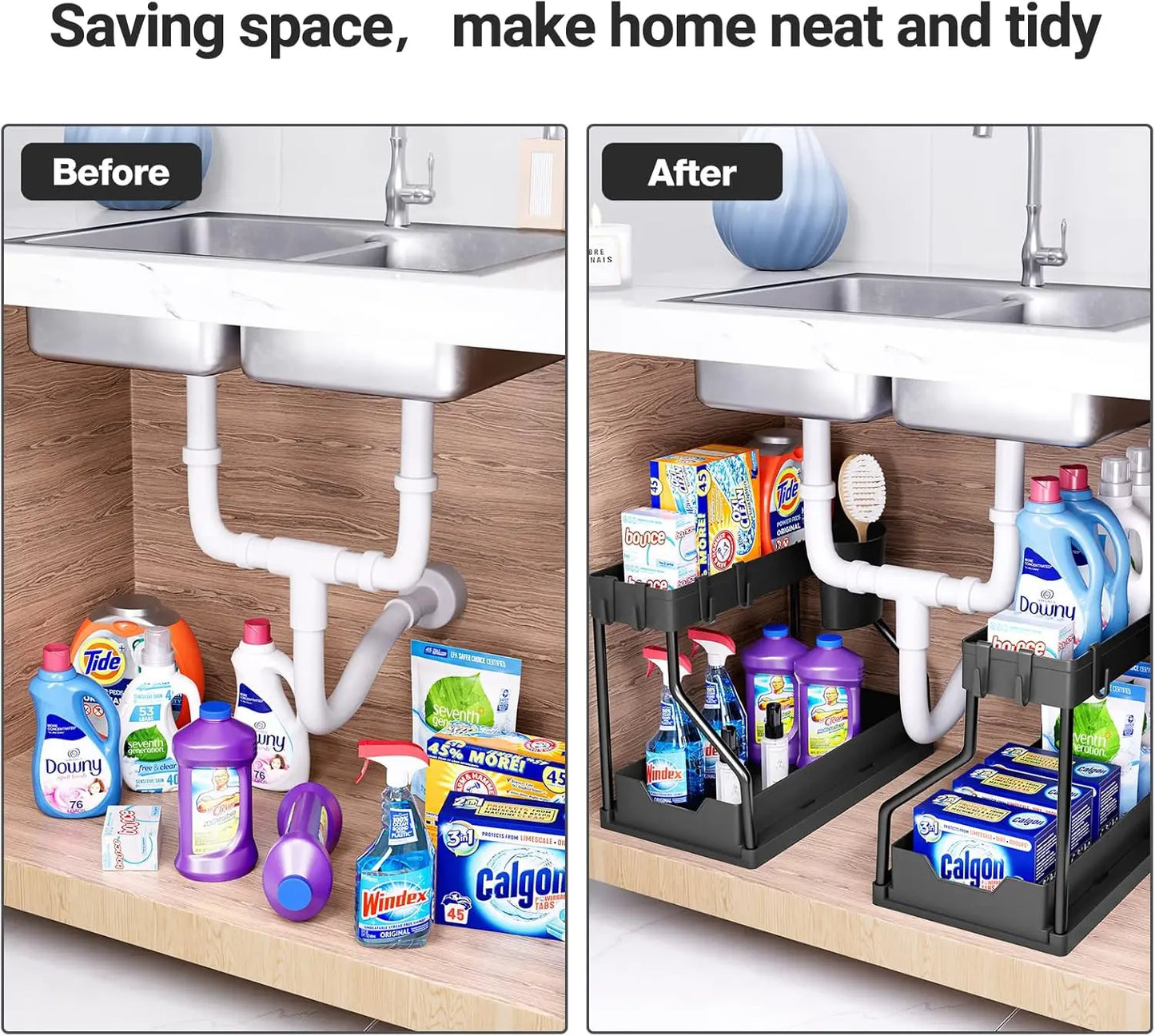 Under-sink storage rack, kitchen cabinet storage, dual-slide storage drawer,