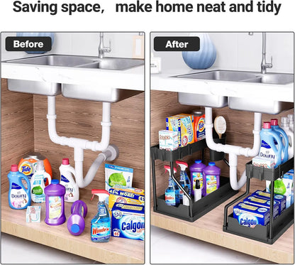 Under-sink storage rack, kitchen cabinet storage, dual-slide storage drawer,