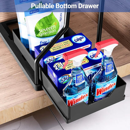 Under-sink storage rack, kitchen cabinet storage, dual-slide storage drawer,