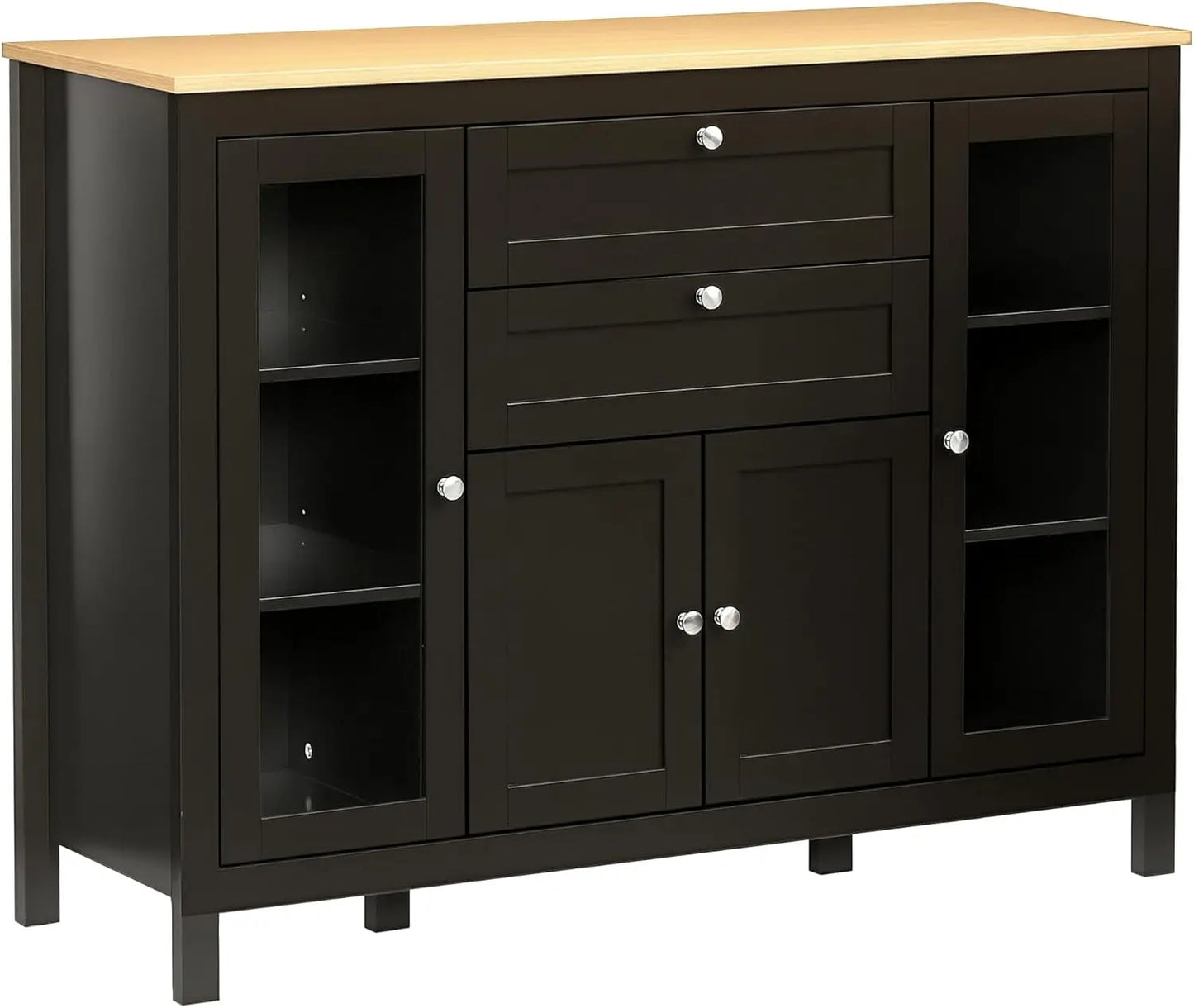 47" Sideboard Buffet With Rubber Wood Top, Glass Door,  Drawers, Adjustable