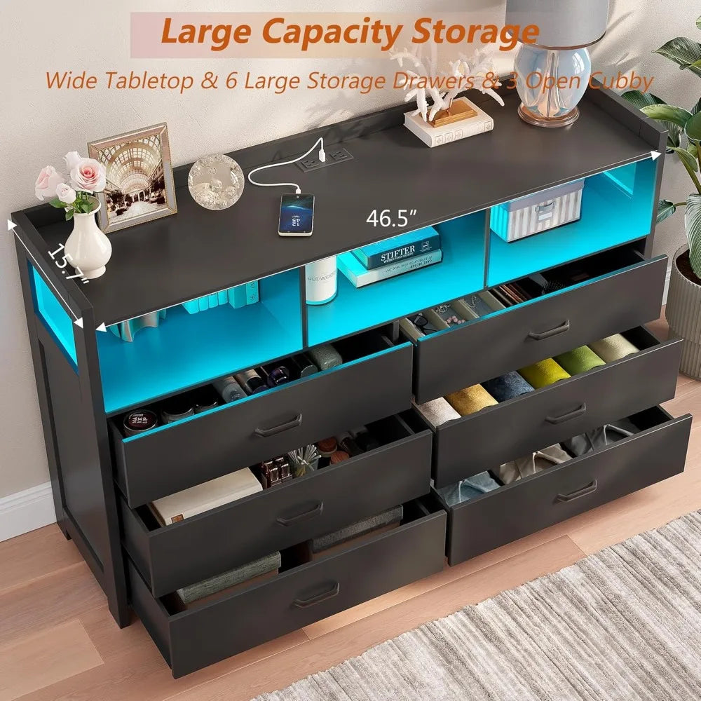 Wooden Dresser,6 Draws with Power Strip