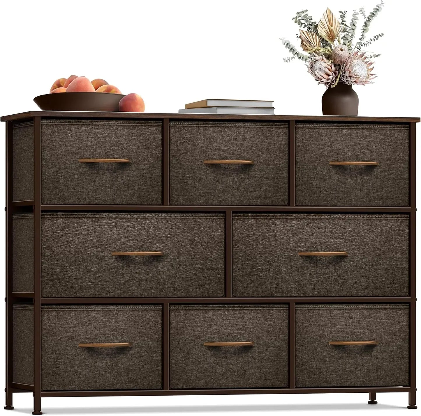 Dresser with 8 Drawers Steel Frame, Wood Top & Handle, Fabric Bins