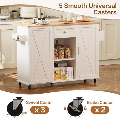 48" Rolling Kitchen Island with Drop Leaf & Trash Can Storage