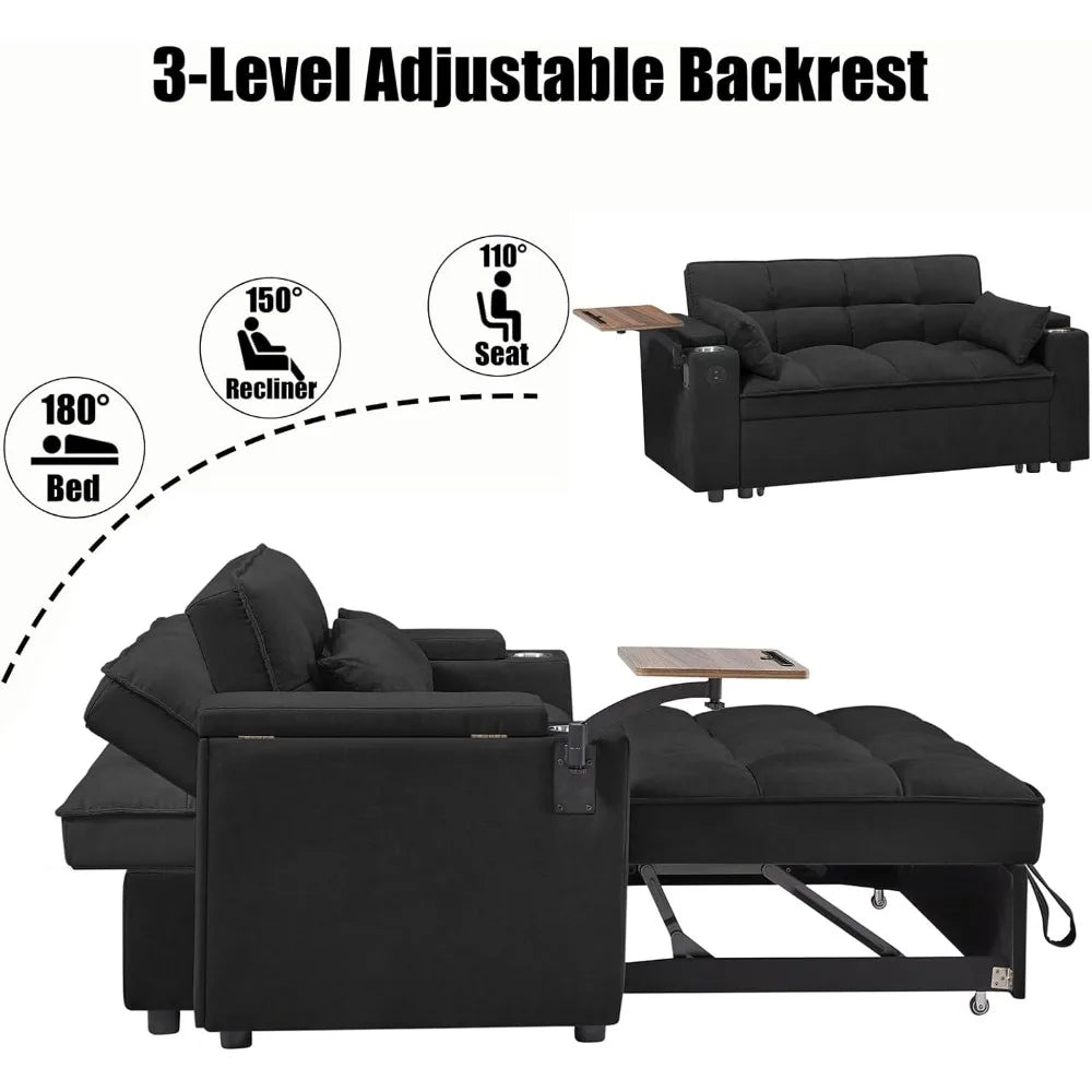 Sleeper Sofa Bed with Adjustable Backrest,, Side Table & USB/-C Ports
