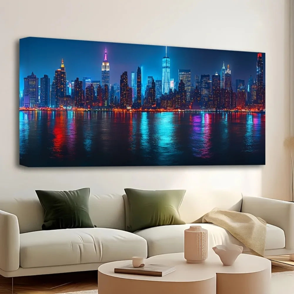 1.5 inch thick pine frame, night view, New York City skyline, wall decor